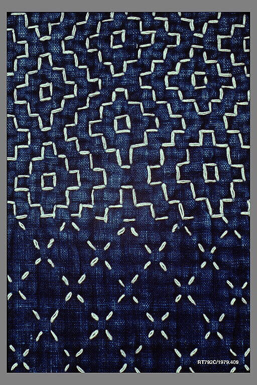 Sashiko Kimono, Indigo-dyed plain-weave cotton, quilted and embroidered with white cotton thread, Japan
