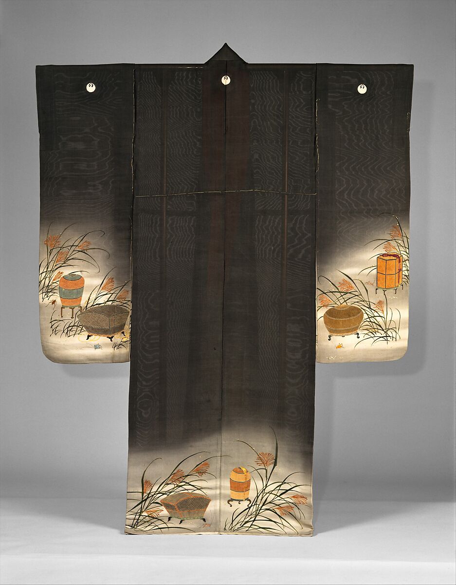 Unlined Summer Kimono (Hito-e) with Crickets, Grasshoppers, Cricket Cages, and Pampas Grass, Paste-resist dyed (yūzen) and painted silk gauze with embroidery, Japan 