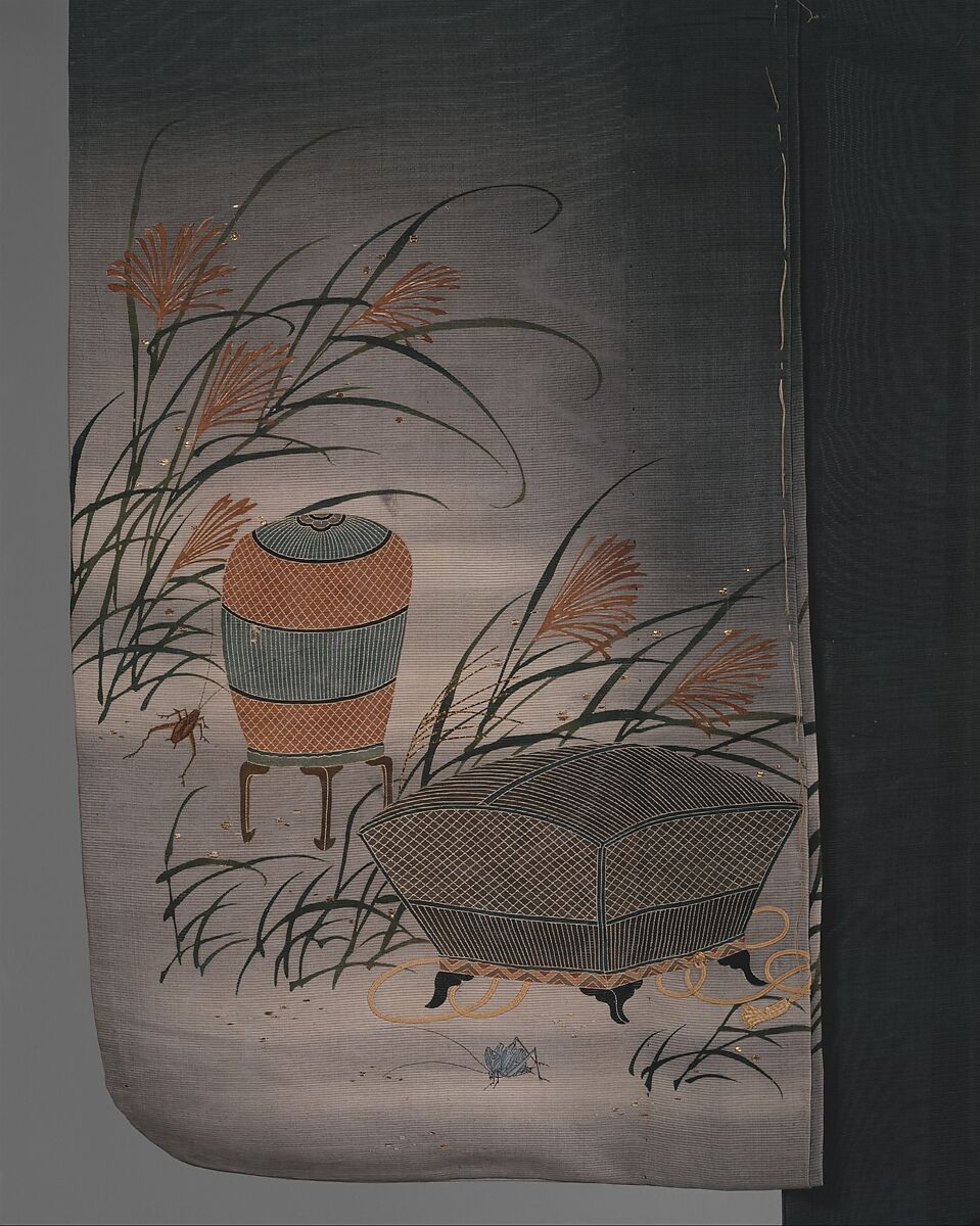 Unlined Summer Kimono (Hito-e) with Crickets, Grasshoppers, Cricket Cages, and Pampas Grass, Paste-resist dyed (yūzen) and painted silk gauze with embroidery, Japan