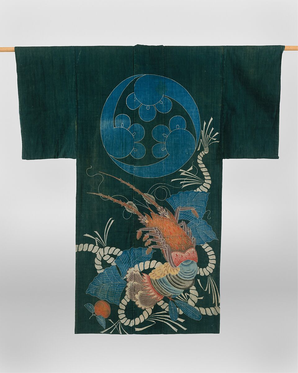 Kimono-Shaped Coverlet (Yogi) with Lobster and Crest, Plain-weave cotton, resist-dyed and painted with dyes and pigments (tsutsugaki), Japan 