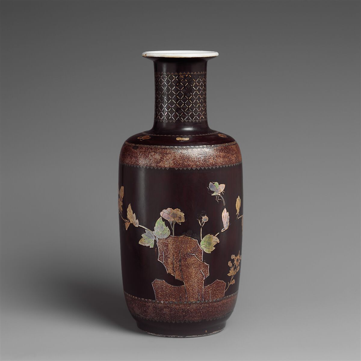 Vase with decoration of rocks, flowers, and butterflies, Black lacquer over porcelain,  inlaid with mother-of-pearl, China 