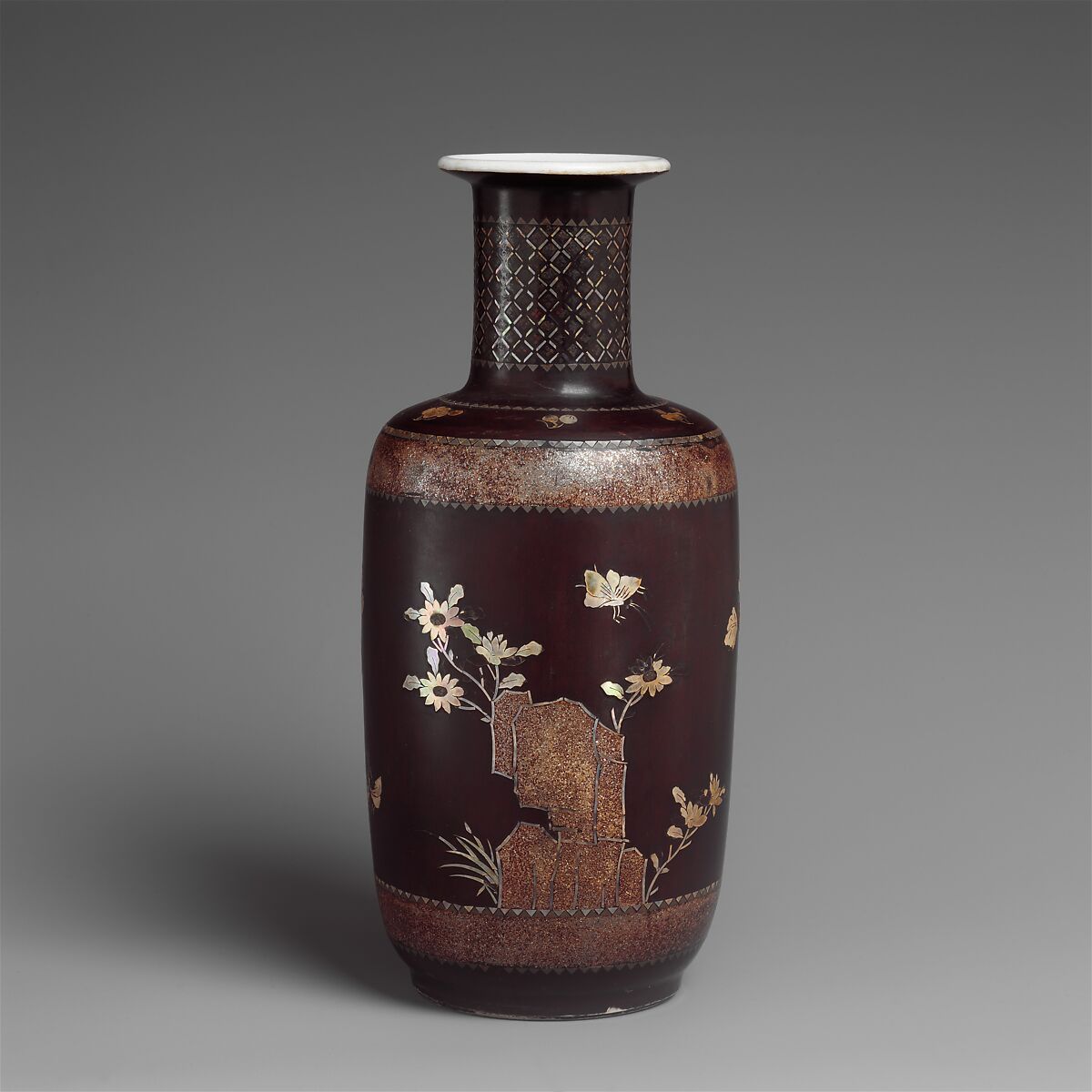 Vase with decoration of rocks, flowers, and butterflies, Black lacquer over porcelain, inlaid with mother-of-pearl, China