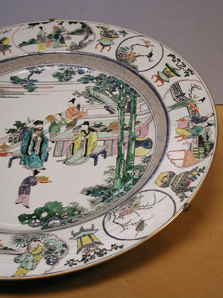 Plate with Scene of Offering Tribute, Porcelain painted with colored enamels on the biscuit (Jingdezhen ware), China