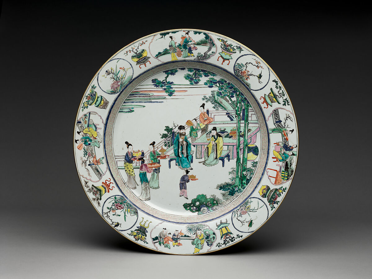 Plate with Scene of Offering Tribute, Porcelain painted with colored enamels on the biscuit (Jingdezhen ware), China 