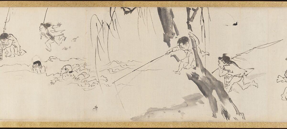 Frolicking Figures and Animals, Kawanabe Kyōsai 河鍋暁斎 (Japanese, 1831–1889), Handscroll; wash drawing, Japan