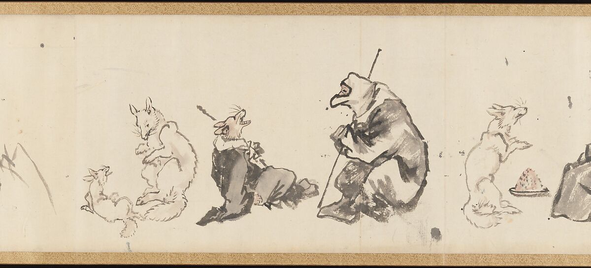 Frolicking Figures and Animals, Kawanabe Kyōsai 河鍋暁斎 (Japanese, 1831–1889), Handscroll; wash drawing, Japan