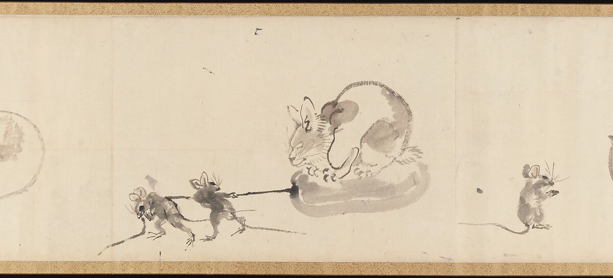 Frolicking Figures and Animals, Kawanabe Kyōsai 河鍋暁斎 (Japanese, 1831–1889), Handscroll; wash drawing, Japan