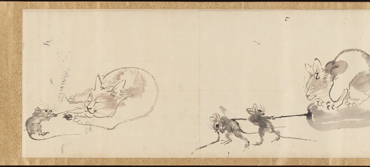 Frolicking Figures and Animals, Kawanabe Kyōsai 河鍋暁斎 (Japanese, 1831–1889), Handscroll; wash drawing, Japan