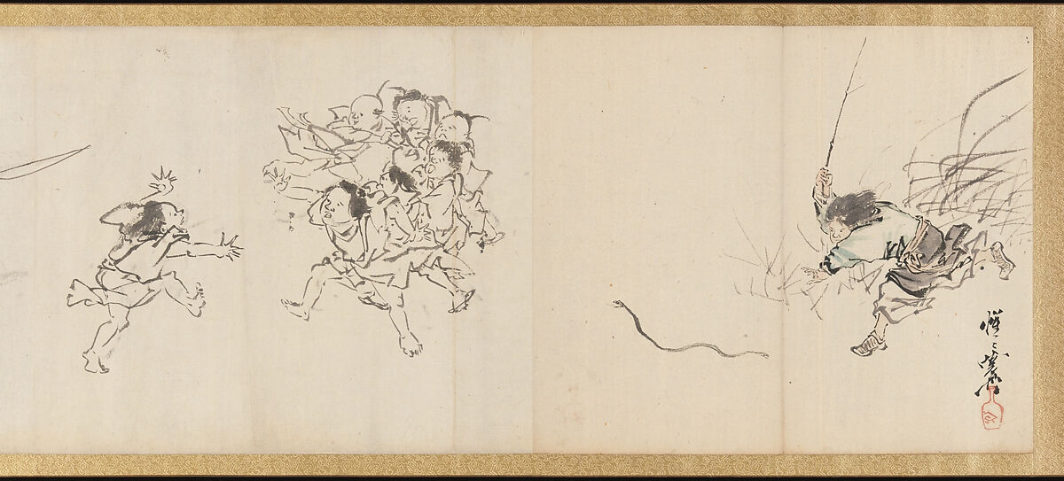 Frolicking Figures and Animals, Kawanabe Kyōsai 河鍋暁斎 (Japanese, 1831–1889), Handscroll; wash drawing, Japan 