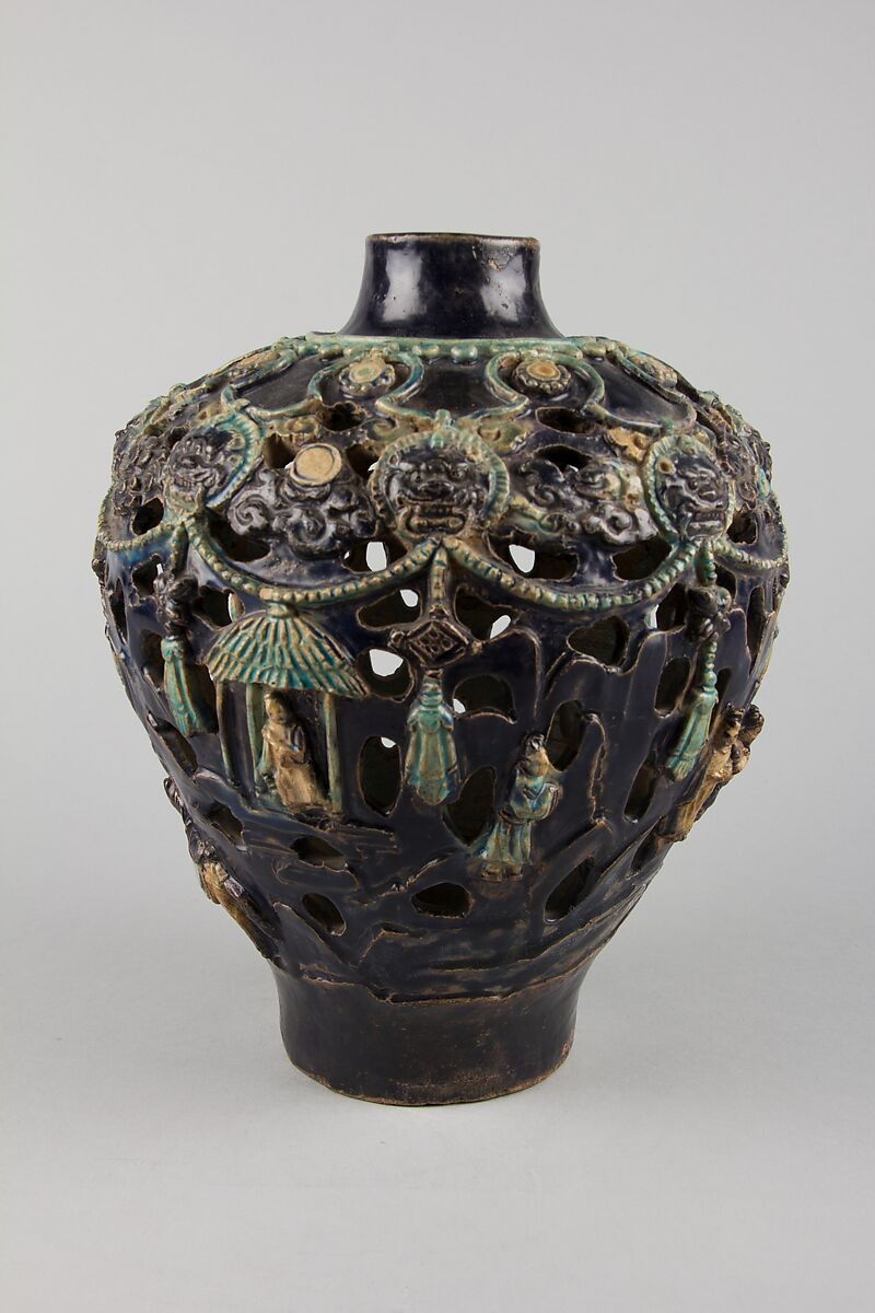 Vase with figural scene, Stoneware with perforated decoration and painted with polychrome enamels (Fahua ware), China