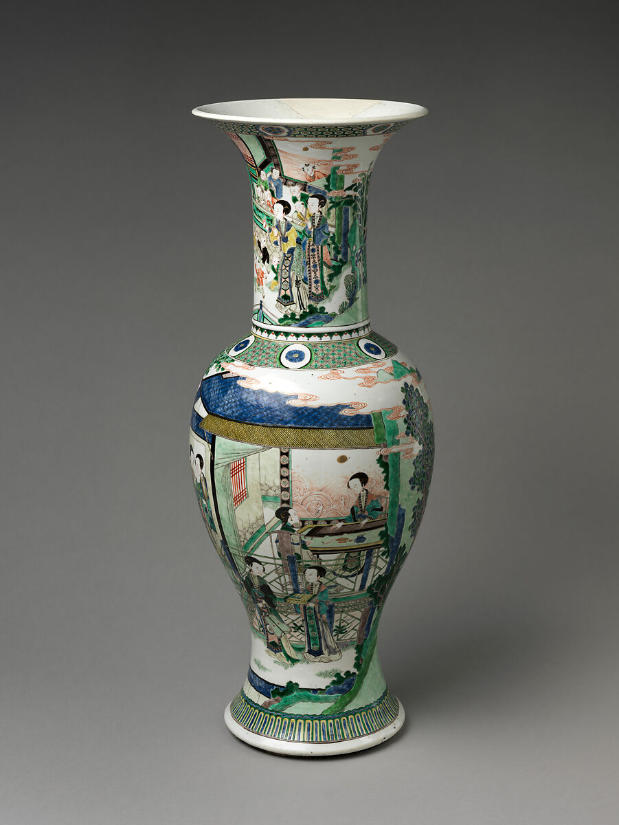 Vase with Women’s Activities, Porcelain painted with colored enamels over transparent glaze (Jingdezhen ware), China 