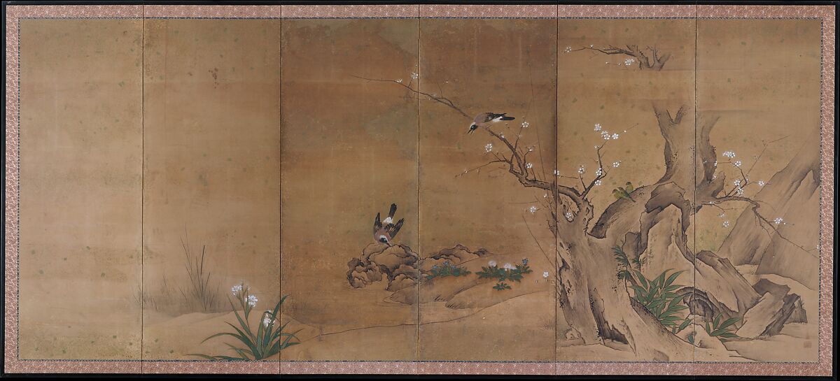 Birds and Flowers of the Four Seasons, Kano Sanboku (Japanese, active mid-17th–early 18th century), Pair of six-panel folding screens; ink, color, and gold on paper, Japan 