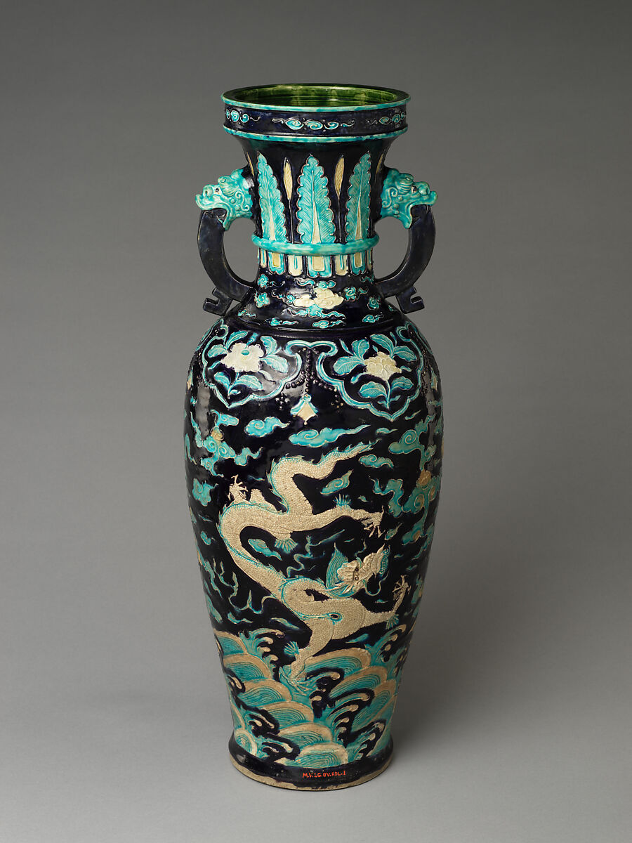 Temple vase with dragons and clouds, Porcelain with raised slip and enamels (Jingdezhen ware), China