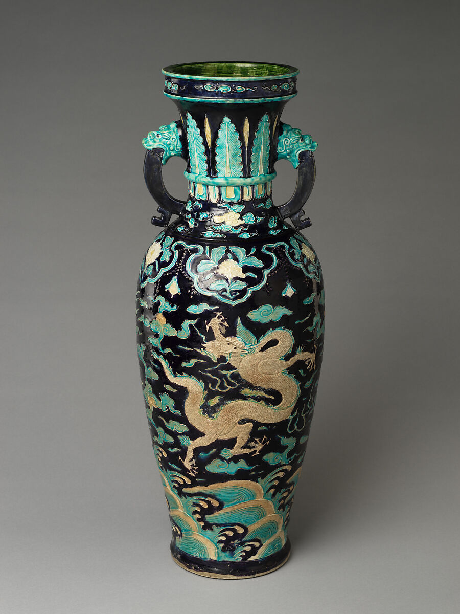Temple vase with dragons and clouds, Porcelain with raised slip and enamels (Jingdezhen ware), China 