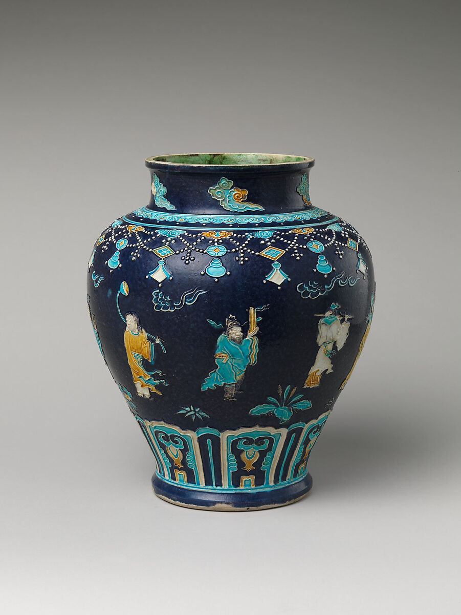 Jar with immortals, Porcelain with raised slip and enamels (Jingdezhen ware), China 
