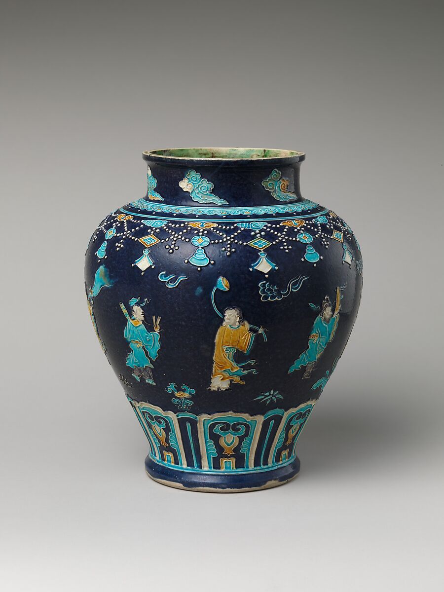 Jar with immortals, Porcelain with raised slip and enamels (Jingdezhen ware), China