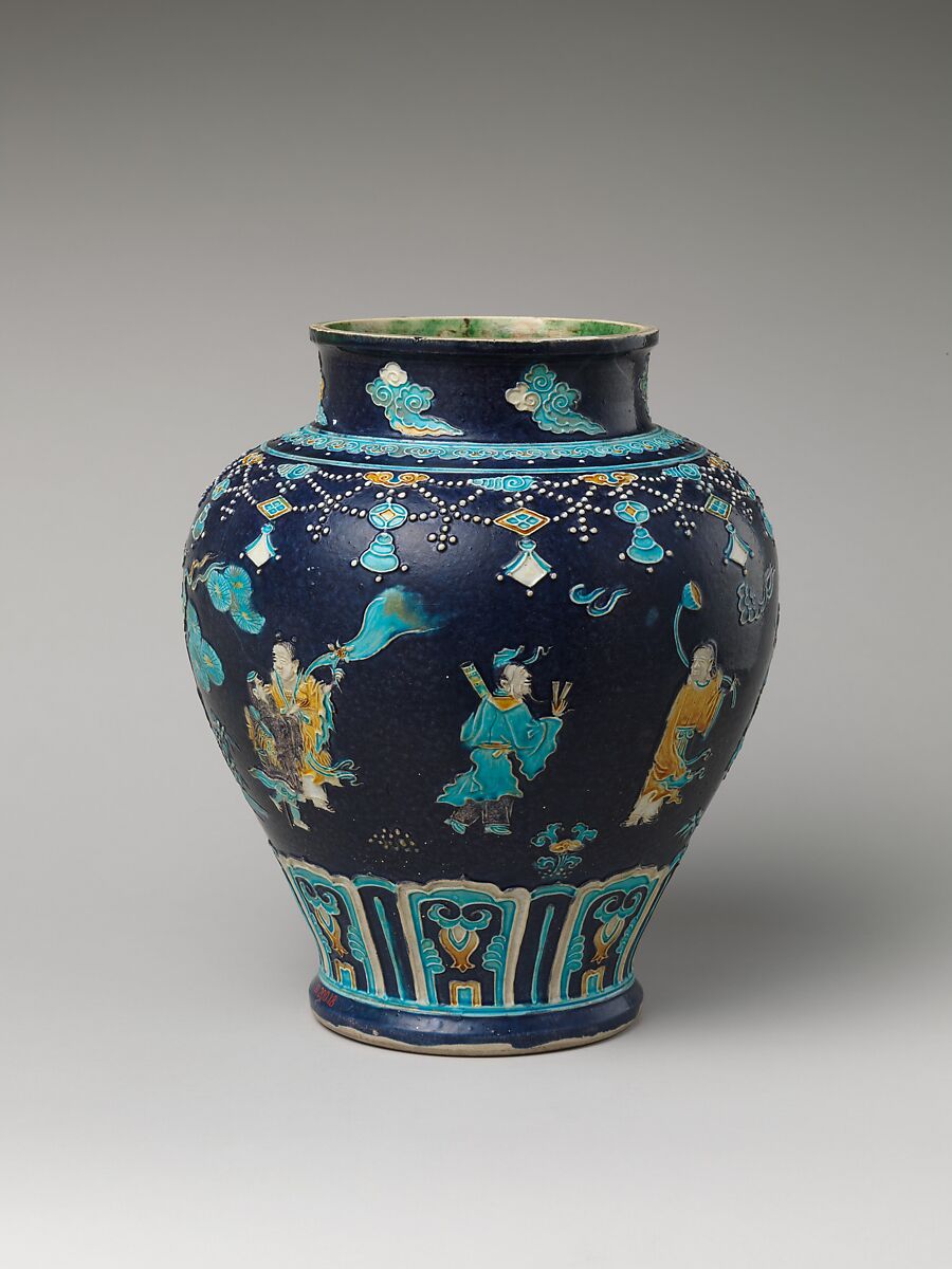 Jar with immortals, Porcelain with raised slip and enamels (Jingdezhen ware), China