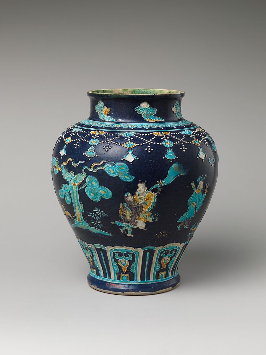 Jar with immortals, Porcelain with raised slip and enamels (Jingdezhen ware), China