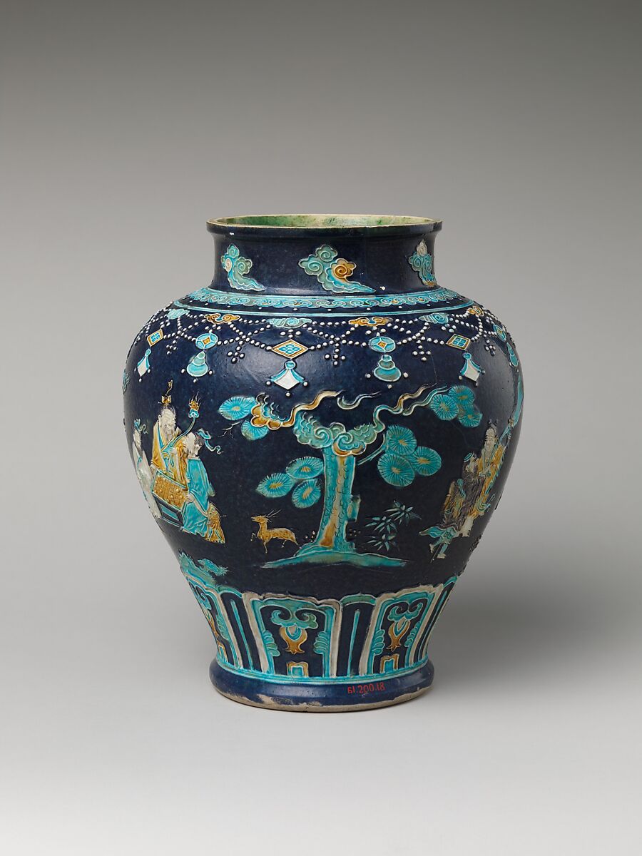 Jar with immortals, Porcelain with raised slip and enamels (Jingdezhen ware), China