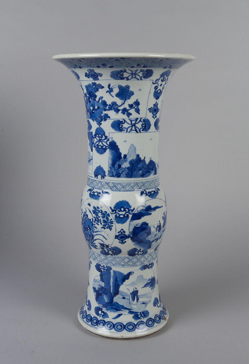 Vase with ladies, plants, and landscape, Porcelain painted in underglaze cobalt blue (Jingdezhen ware), China
