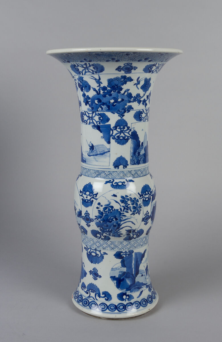 Vase with ladies, plants, and landscape, Porcelain painted in underglaze cobalt blue (Jingdezhen ware), China