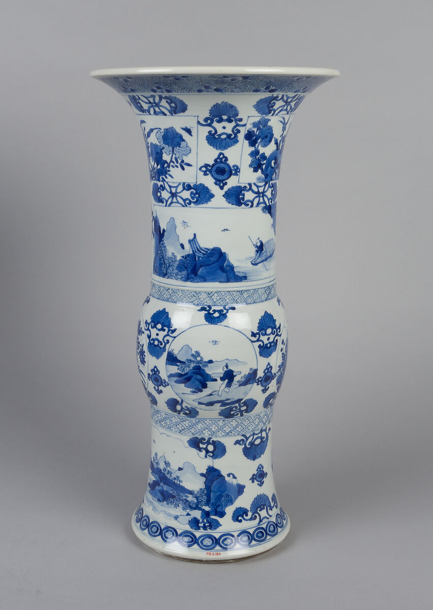 Vase with ladies, plants, and landscape, Porcelain painted in underglaze cobalt blue (Jingdezhen ware), China