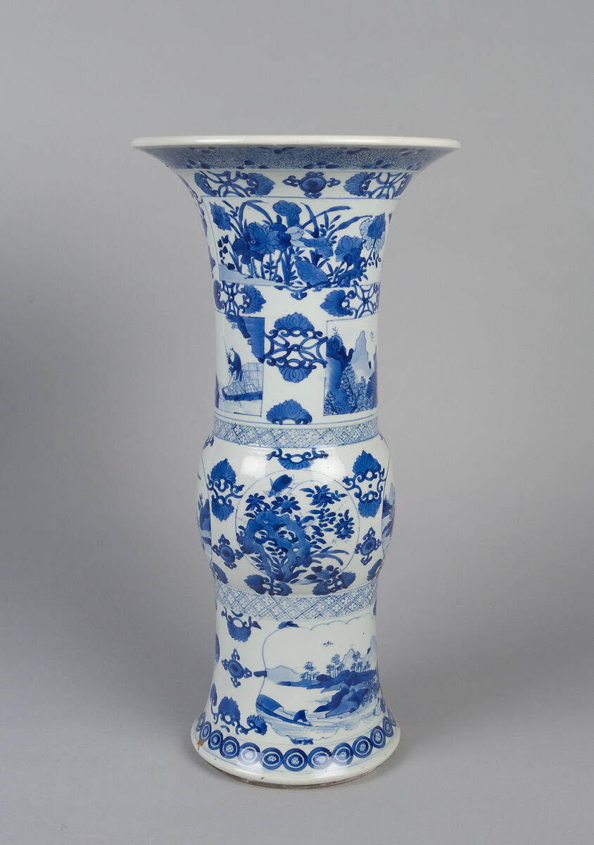 Vase with ladies, plants, and landscape, Porcelain painted in underglaze cobalt blue (Jingdezhen ware), China