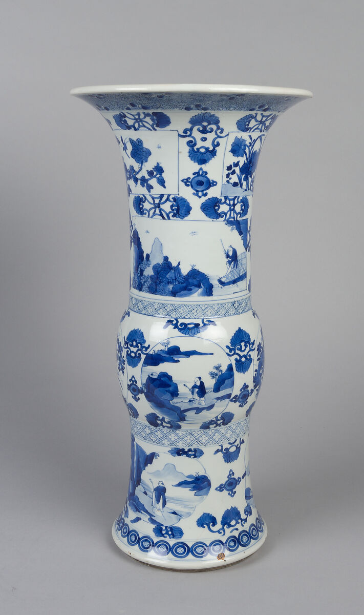 Vase with ladies, plants, and landscape, Porcelain painted in underglaze cobalt blue (Jingdezhen ware), China 