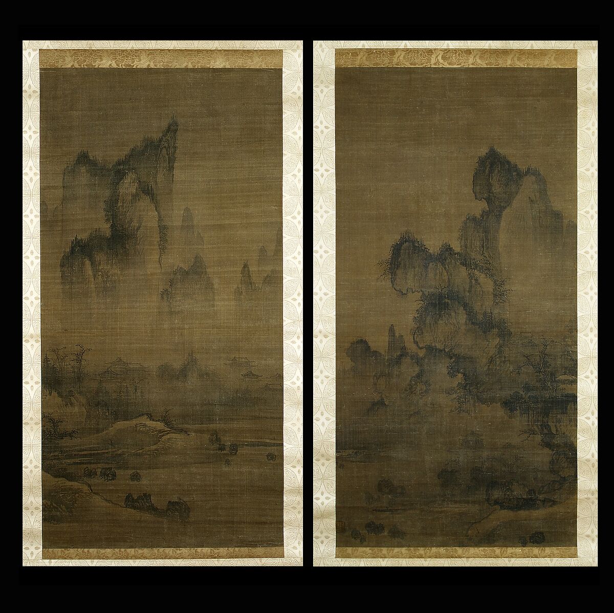 Evening bell from mist-shrouded temple (left); Autumn moon over Lake Dongting (right), An Gyeon  Korean, Pair of hanging scrolls; ink on silk, Korea