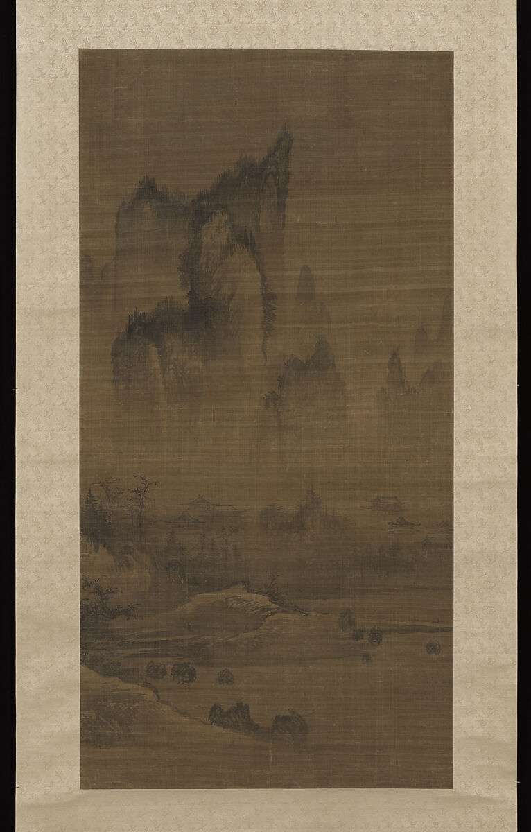 Evening bell from mist-shrouded temple (left); Autumn moon over Lake Dongting (right), Style of An Gyeon (Korean), Pair of hanging scrolls; ink on silk, Korea