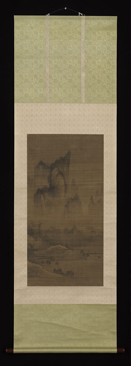 Evening bell from mist-shrouded temple (left); Autumn moon over Lake Dongting (right), Style of An Gyeon (Korean), Pair of hanging scrolls; ink on silk, Korea
