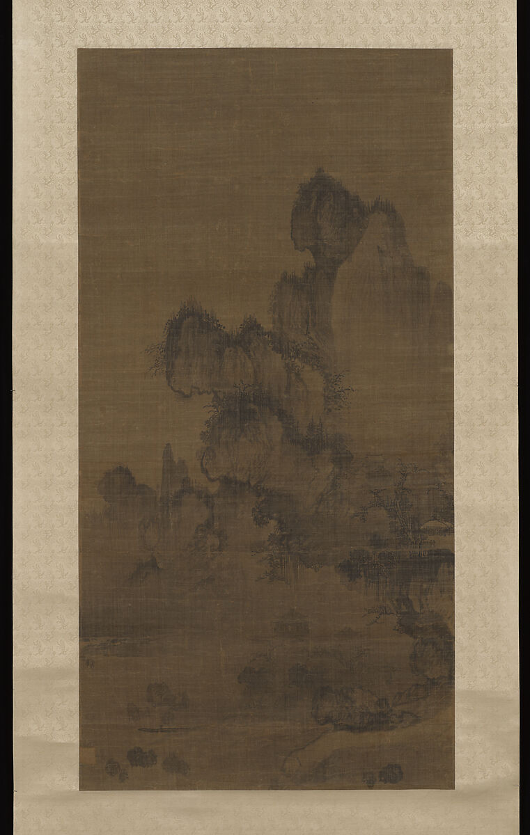 Evening bell from mist-shrouded temple (left); Autumn moon over Lake Dongting (right), Style of An Gyeon (Korean), Pair of hanging scrolls; ink on silk, Korea