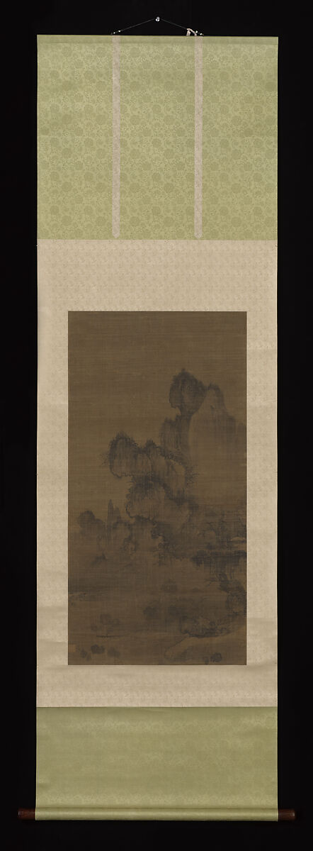 Evening bell from mist-shrouded temple (left); Autumn moon over Lake Dongting (right), Style of An Gyeon (Korean), Pair of hanging scrolls; ink on silk, Korea