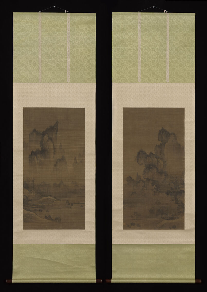 Evening bell from mist-shrouded temple (left); Autumn moon over Lake Dongting (right), An Gyeon  Korean, Pair of hanging scrolls; ink on silk, Korea