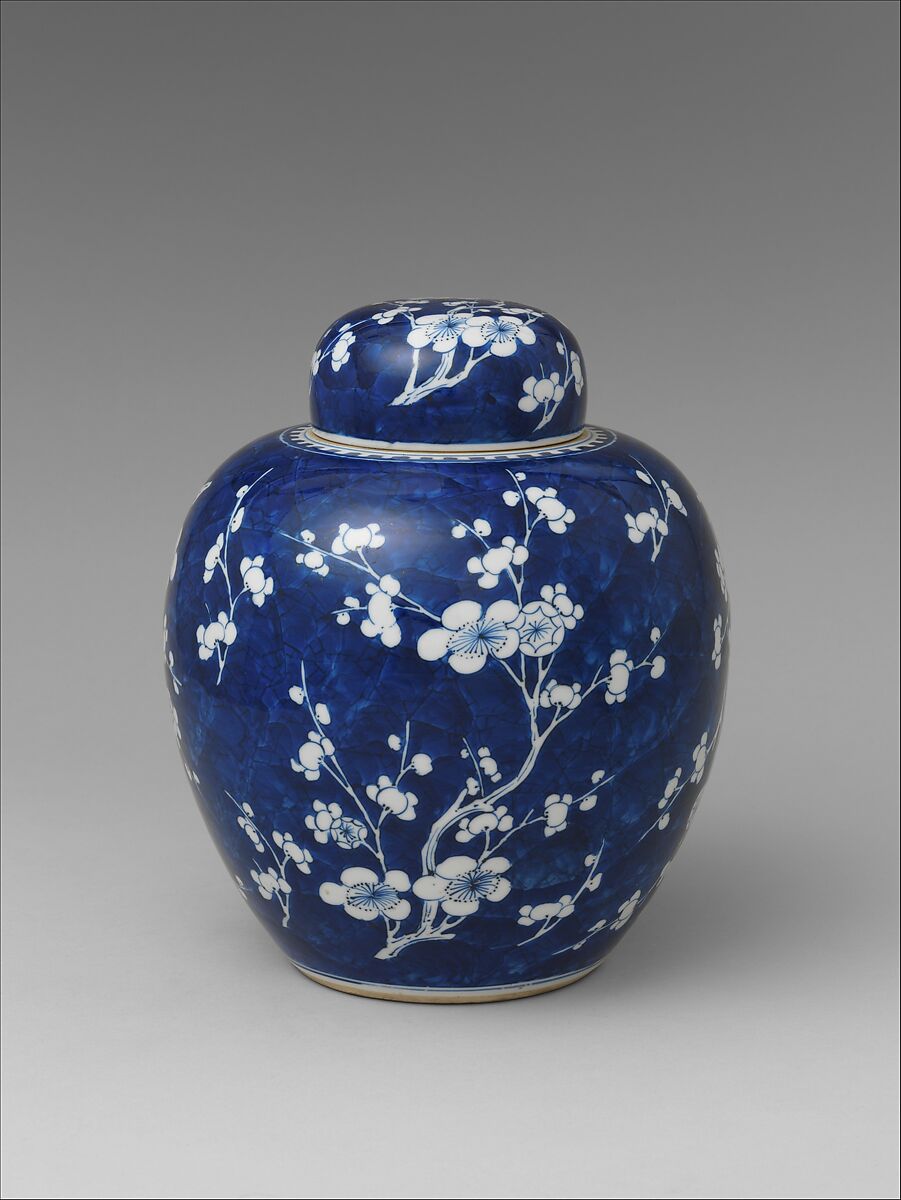 Covered jar decorated with blossoming plum and cracked ice, Porcelain painted in underglaze cobalt blue (Jingdezhen ware), China