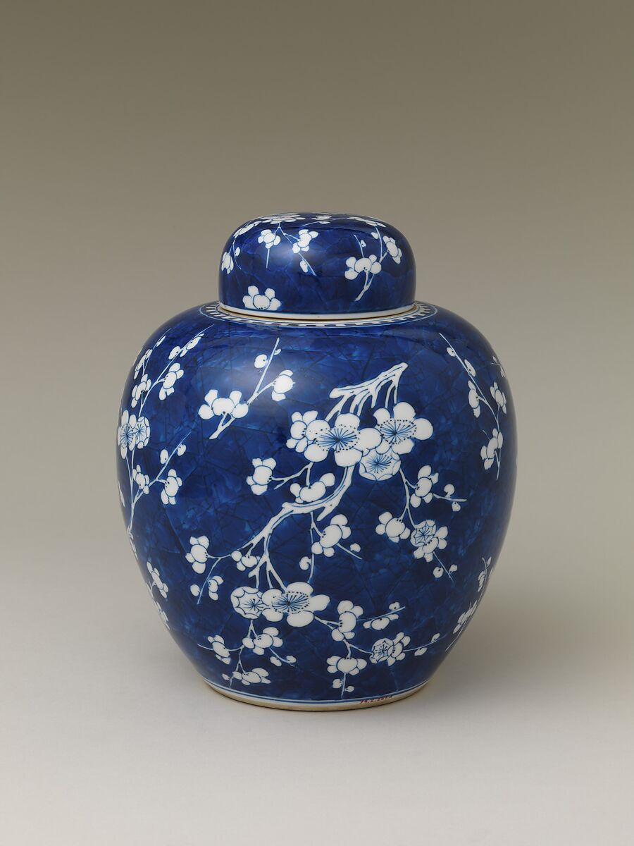 Covered jar decorated with blossoming plum and cracked ice, Porcelain painted with cobalt blue under transparent glaze, China