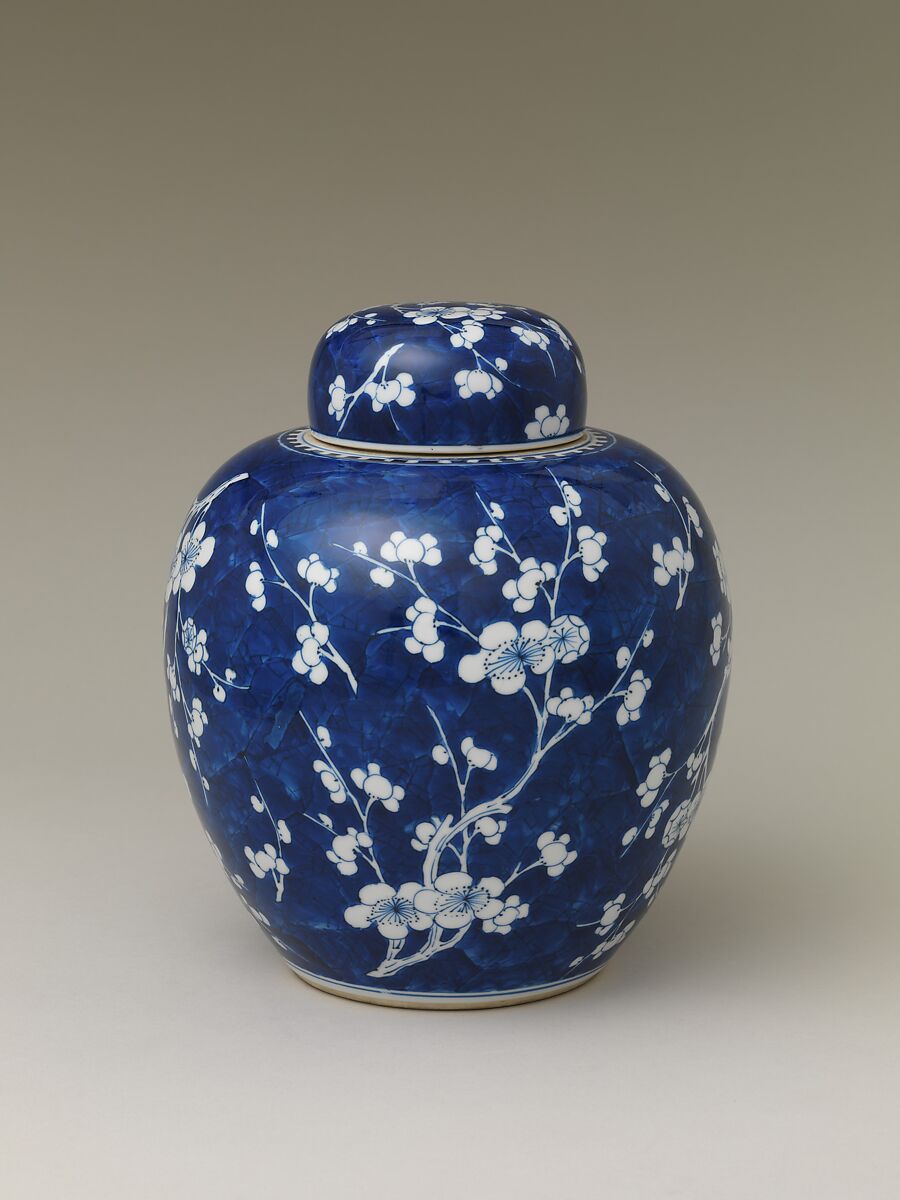 Covered jar decorated with blossoming plum and cracked ice, Porcelain painted with cobalt blue under transparent glaze, China