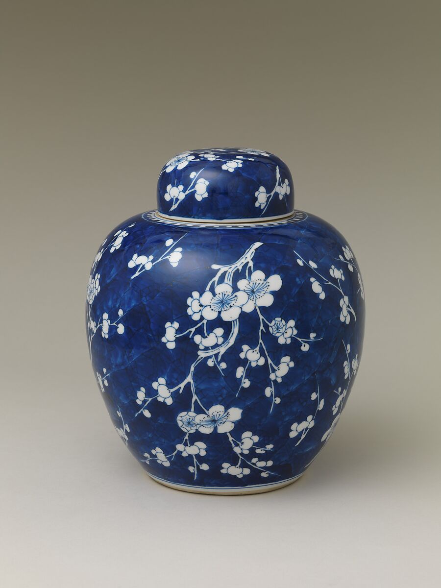 Covered jar decorated with blossoming plum and cracked ice, Porcelain painted with cobalt blue under transparent glaze, China