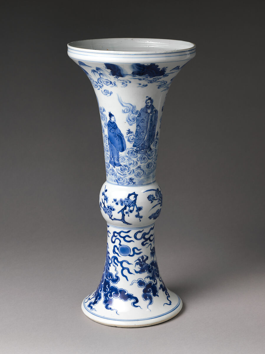 Vase with Daoist immortals, flower sprays, and dragons, Porcelain painted with cobalt blue under a transparent glaze (Jingdezhen ware), China
