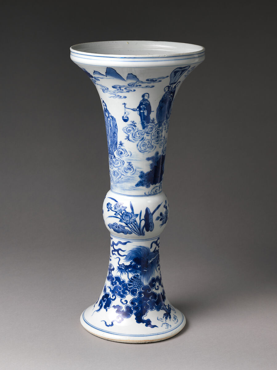 Vase with Daoist immortals, flower sprays, and dragons, Porcelain painted with cobalt blue under a transparent glaze (Jingdezhen ware), China