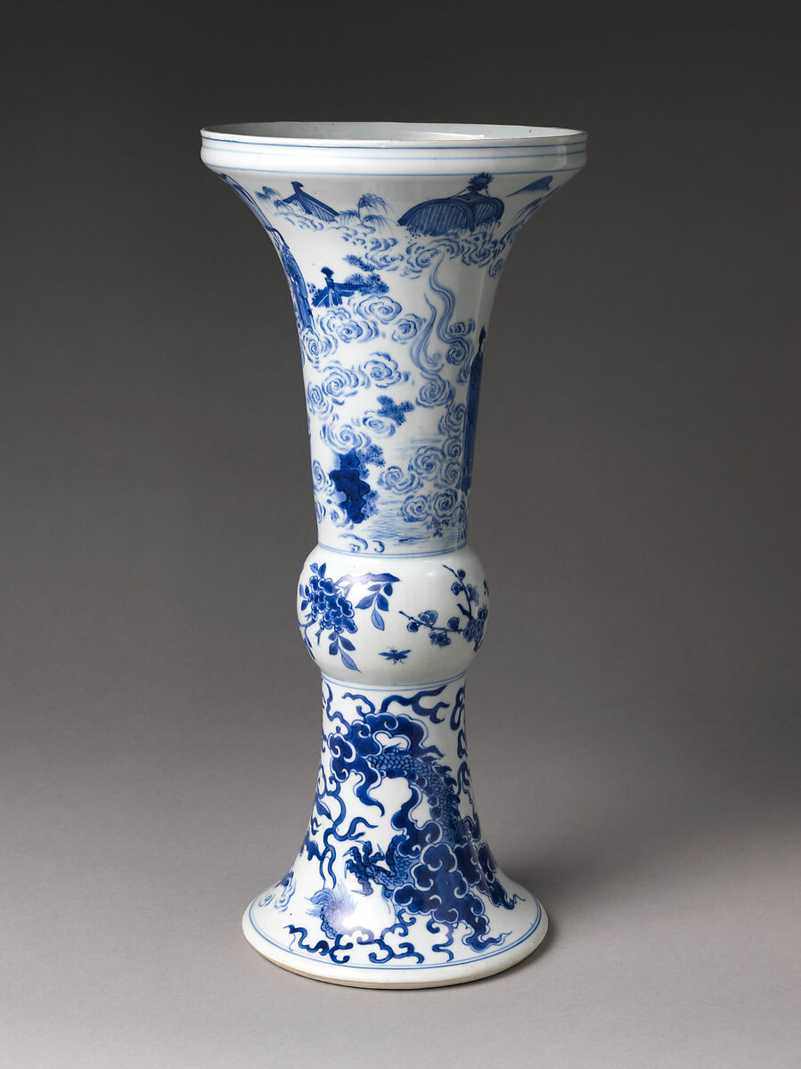 Vase with Daoist immortals, flower sprays, and dragons, Porcelain painted with cobalt blue under a transparent glaze (Jingdezhen ware), China