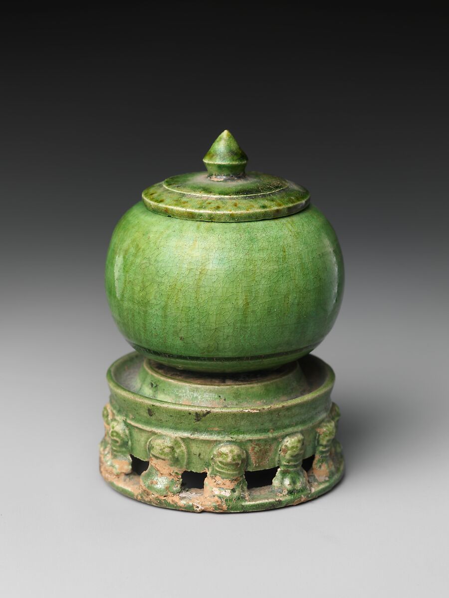 Miniature covered jar and “inkstone”, Earthenware with green glaze, China 