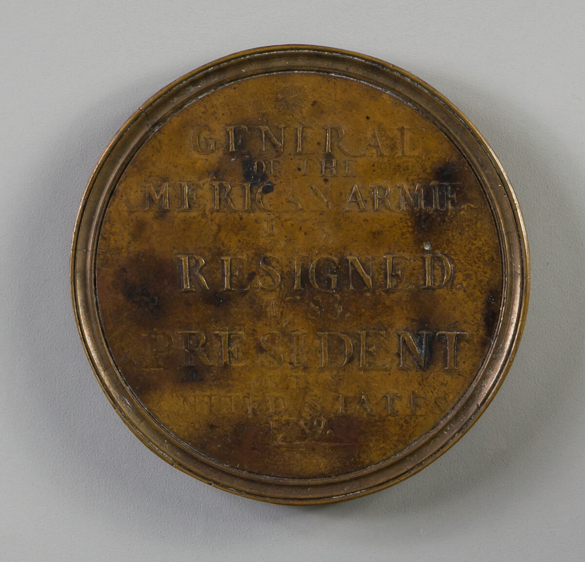 Medal of George Washington's Public Offices, James Manley (active 1790–1800), Gilt bronze, American