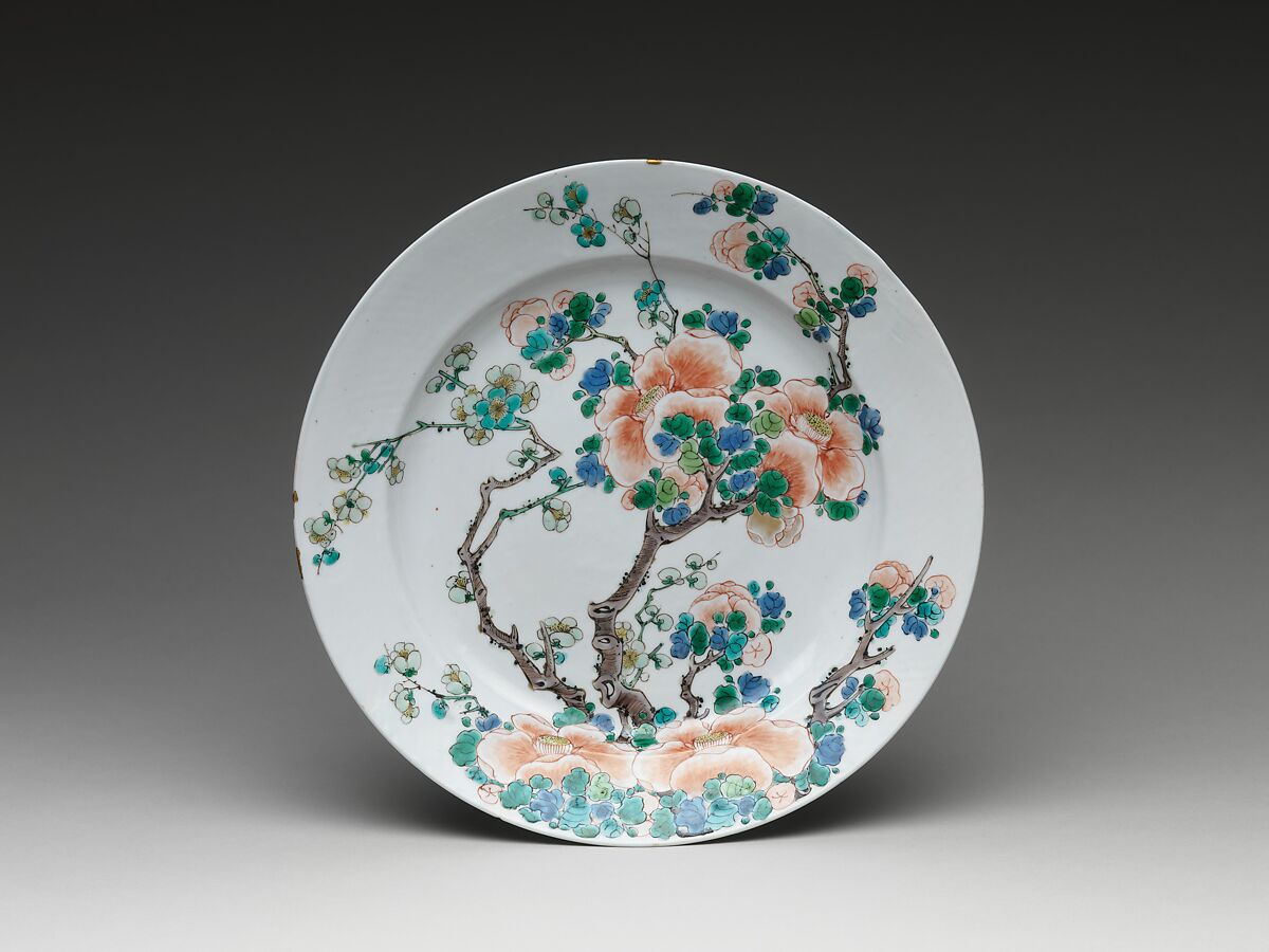 Plate with Camellia and Plum, Porcelain painted in overglaze polychrome enamels, China 