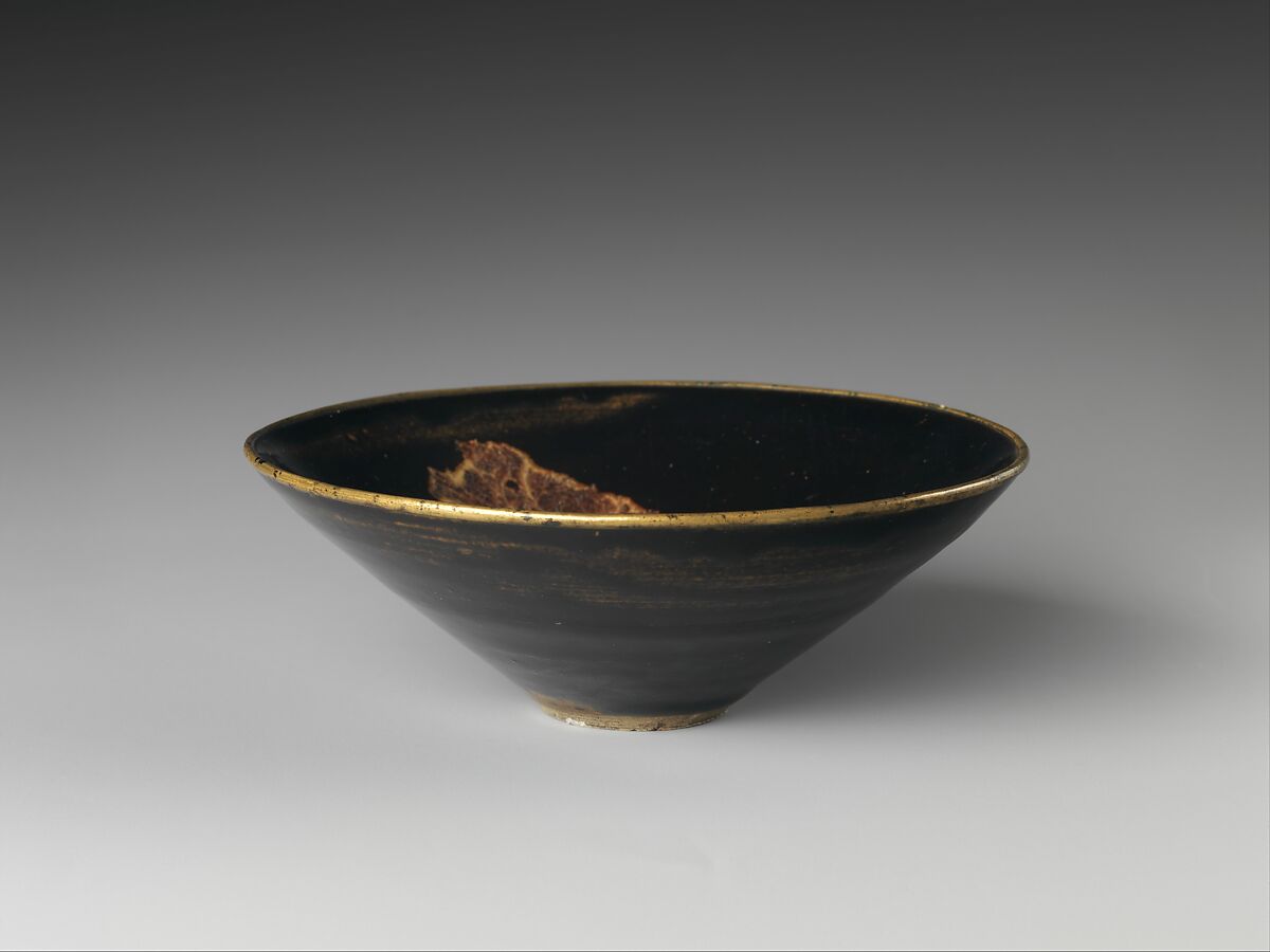 Tea Bowl with Leaf Decoration, Stoneware with black and brown glaze and pigment (Jizhou ware), China
