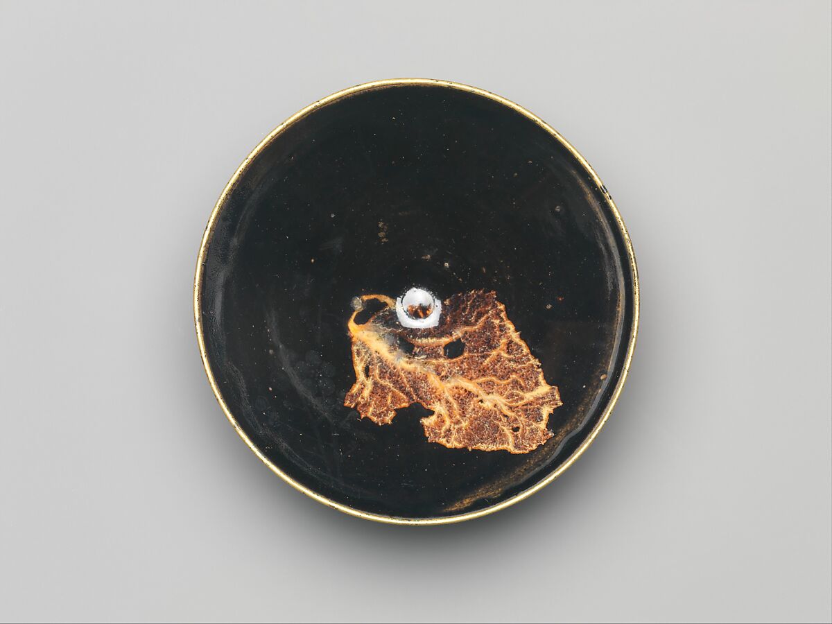 Tea Bowl with Leaf Decoration, Stoneware with black and brown glaze and pigment (Jizhou ware), China 