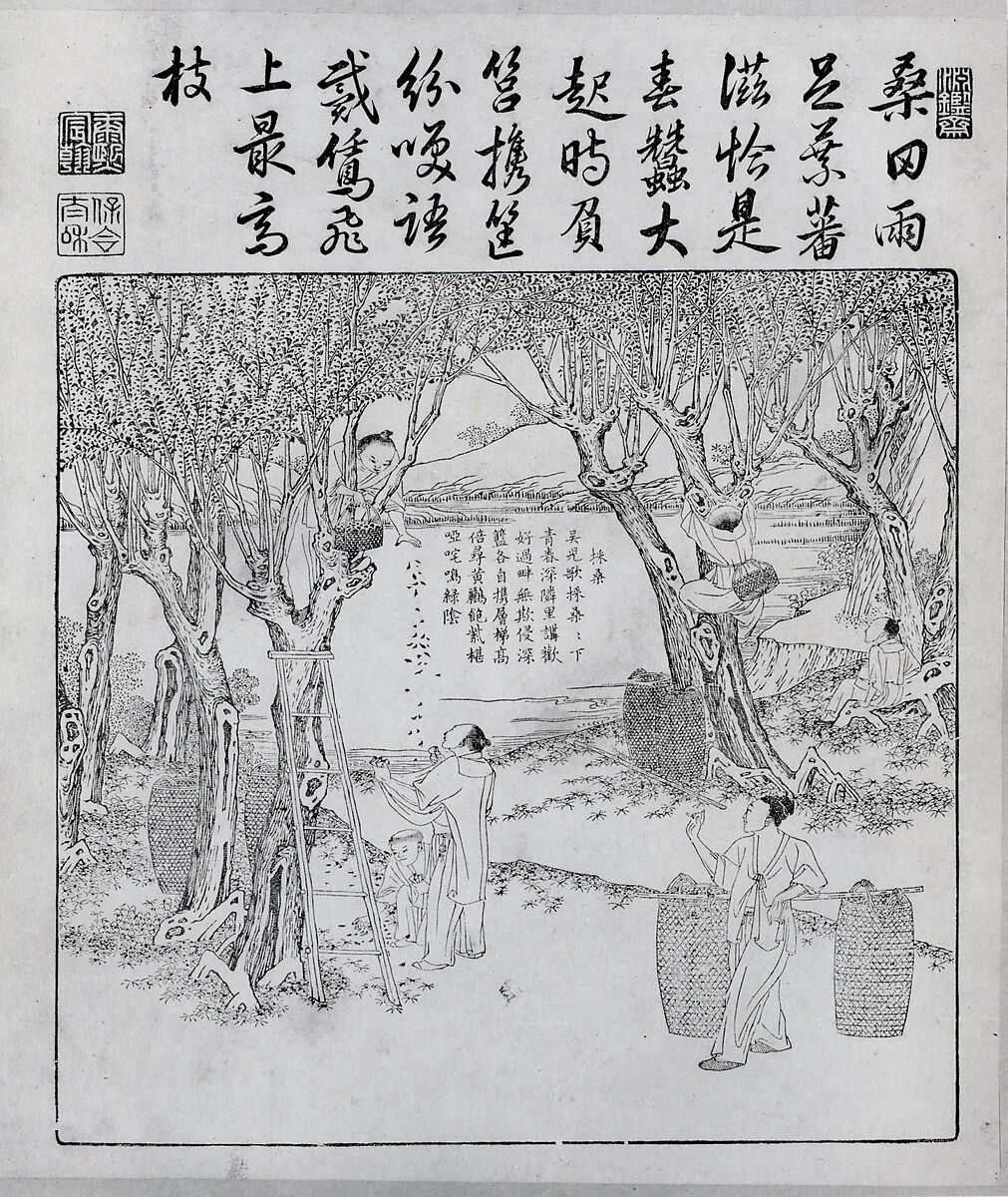 Book of Plowing and Weaving, Printed from metal blocks; copper engraved plates; contained in an 18th century brocade cover, China