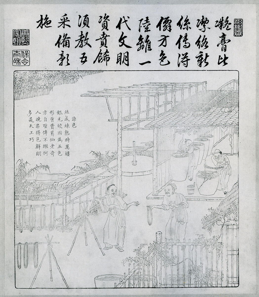 Book of Plowing and Weaving, Printed from metal blocks; copper engraved plates; contained in an 18th century brocade cover, China