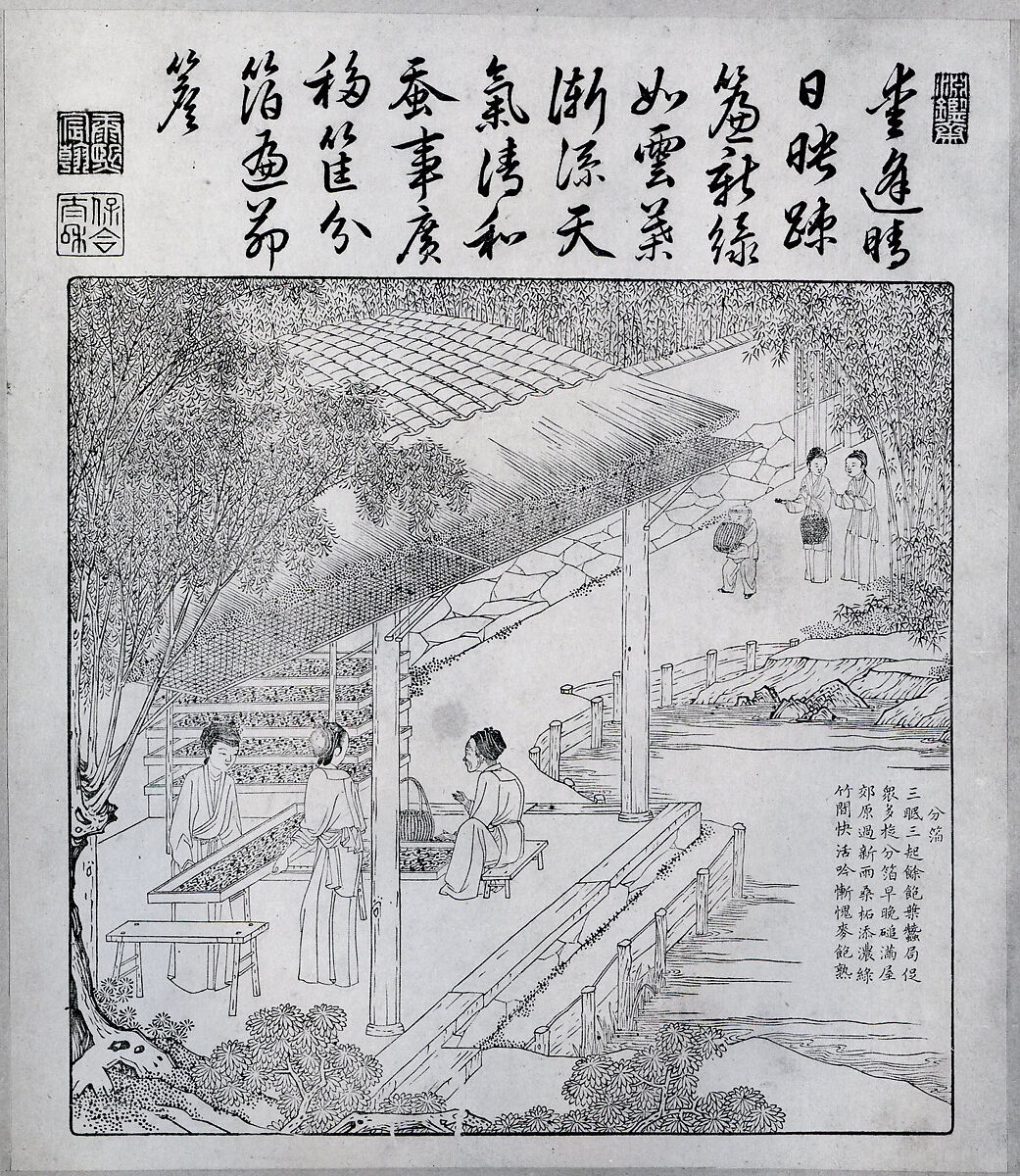 Book of Plowing and Weaving, Printed from metal blocks; copper engraved plates; contained in an 18th century brocade cover, China