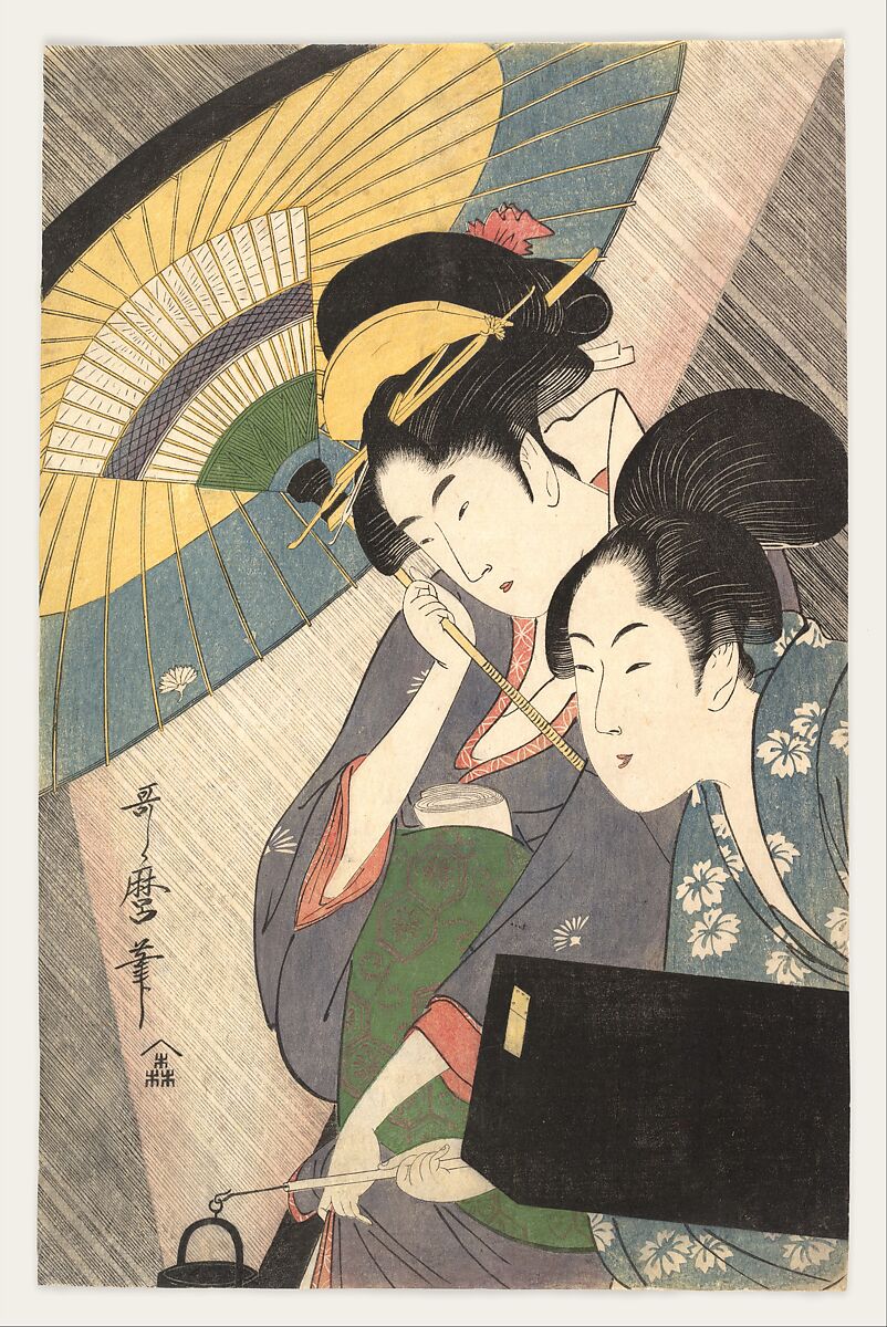 Geisha and Attendant on a Rainy Night, Kitagawa Utamaro (Japanese, ca. 1754–1806), Woodblock print; ink and color on paper, Japan 